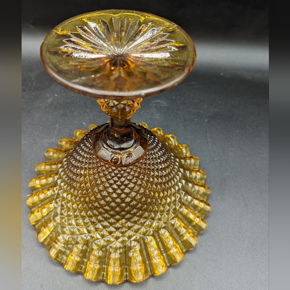 Vintage Amber Glass Pedestal Crimped Ruffle Diamond Point Compote Candy Dish - Picture 4 of 8
